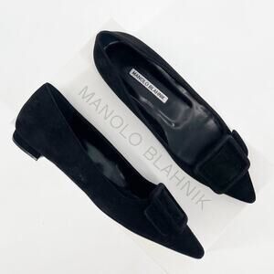 Manolo Blahnik Black Suede Maysale Buckle Pointed Toe Low Heel Flats IT 37